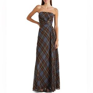 RALPH LAUREN Plaid Full Length Strapless Dress - Perfect for weddings
